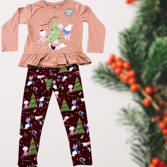 Girls Christmas Tree Unicorn Pajama Set – Ruffle Hem Top & Printed Leggings - Picture 2 of 5